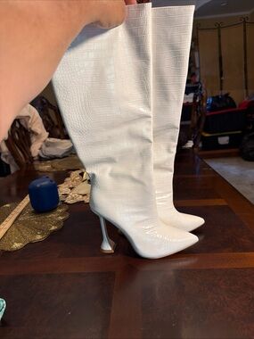 Croc-Embossed White Over-the-Knee Pointed Toe Boots
